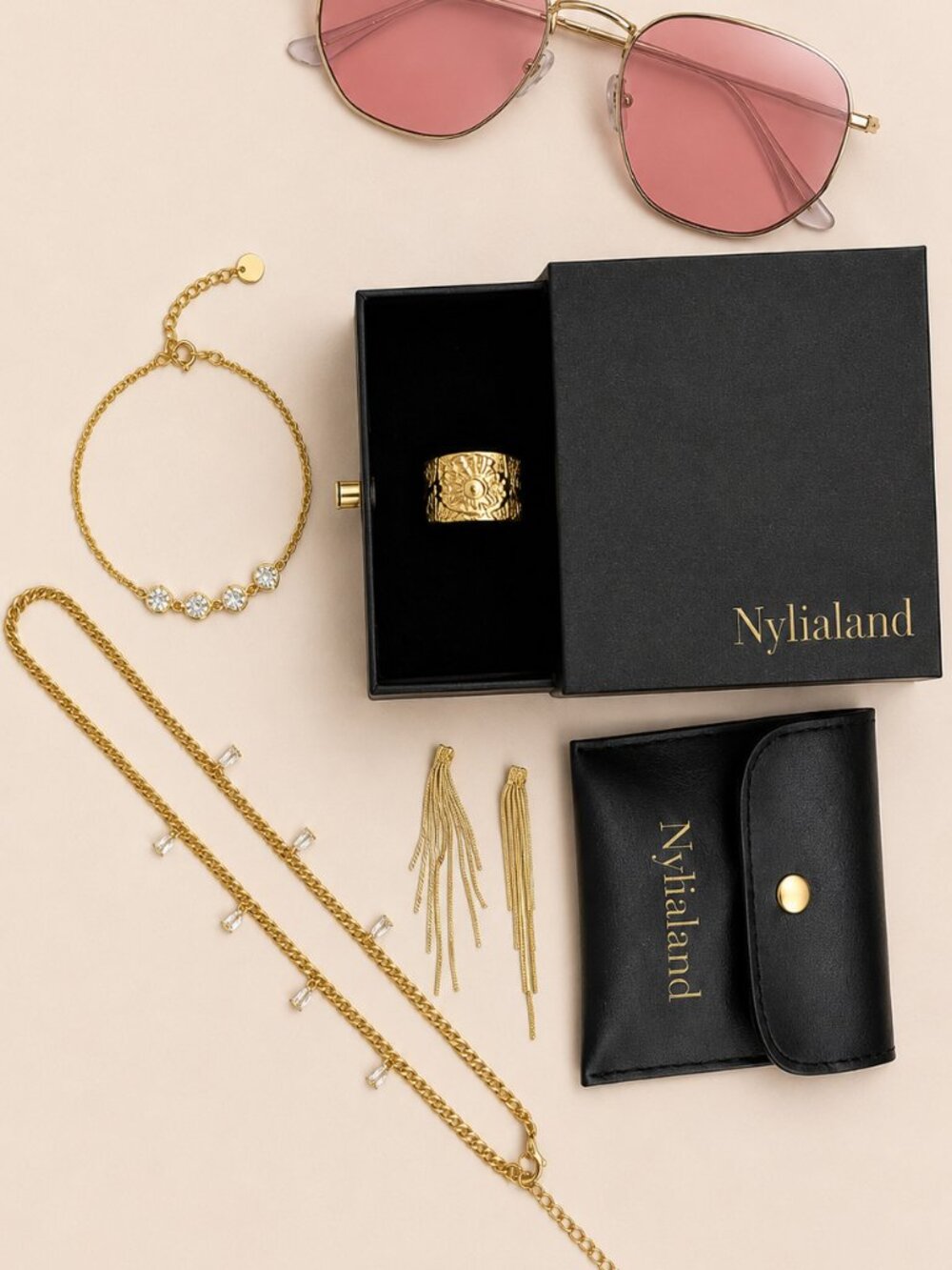 Nylialand Gold Jewelry Set | Crystal Baguette Choker & Eye Ring